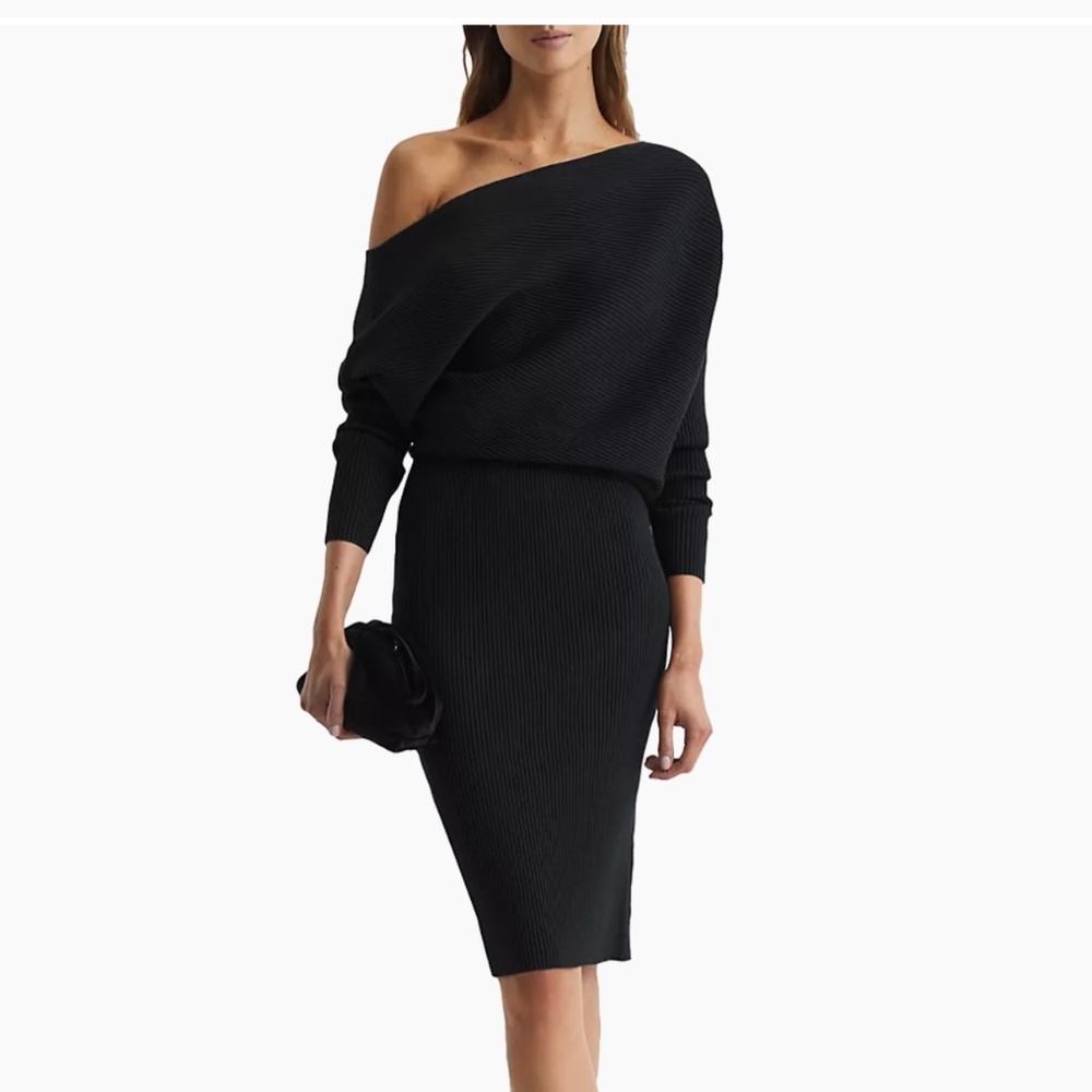 Reiss Black One-Shoulder Ribbed Knit Dress